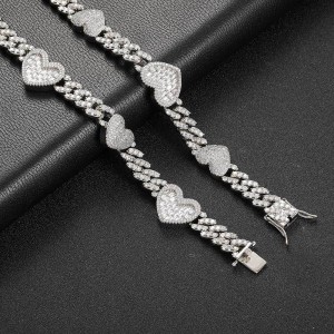 9mm Cubic Zirconia Heart Cuban Chain Brass Necklace