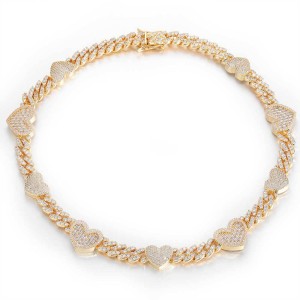 9mm Cubic Zirconia Heart Cuban Chain Brass Necklace