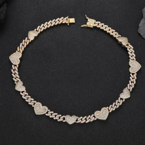9mm Cubic Zirconia Heart Cuban Chain Brass Necklace