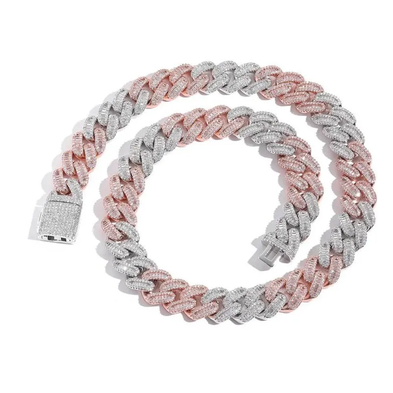 15mm Two Tone T Shape Zirconia  Cuban Chain Brass Necklace
