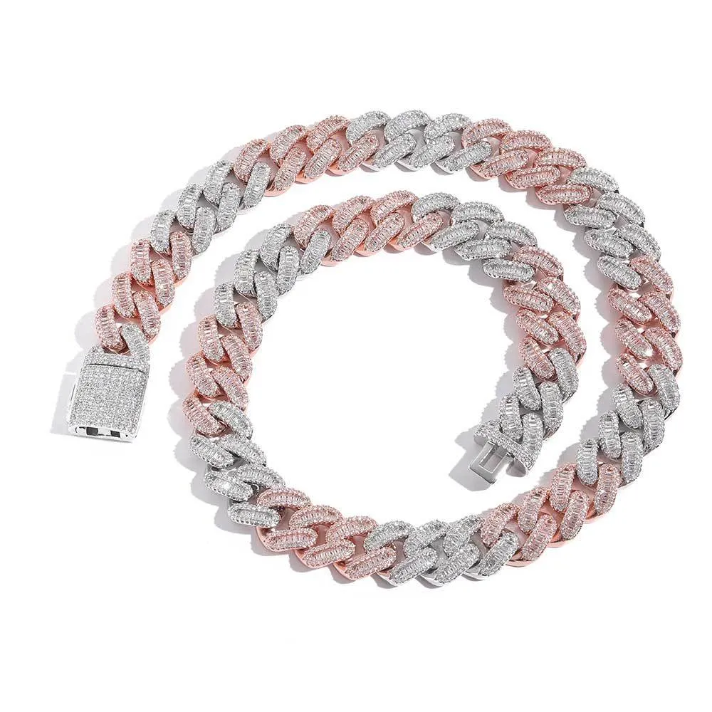 15mm Two Tone T Shape Zirconia  Cuban Chain Brass Necklace