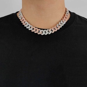 15mm Two Tone T Shape Zirconia  Cuban Chain Brass Necklace