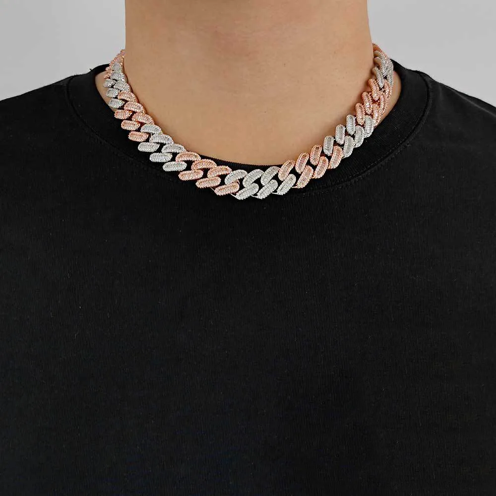 15mm Two Tone T Shape Zirconia  Cuban Chain Brass Necklace - image1