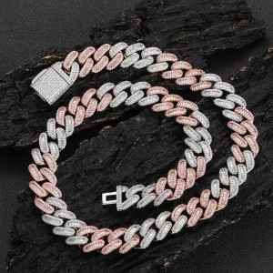 15mm Two Tone T Shape Zirconia  Cuban Chain Brass Necklace