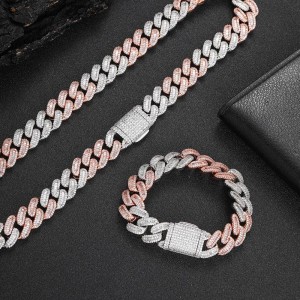 15mm Two Tone T Shape Zirconia  Cuban Chain Brass Necklace