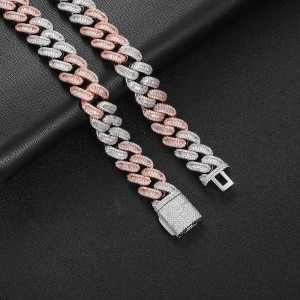 15mm Two Tone T Shape Zirconia  Cuban Chain Brass Necklace