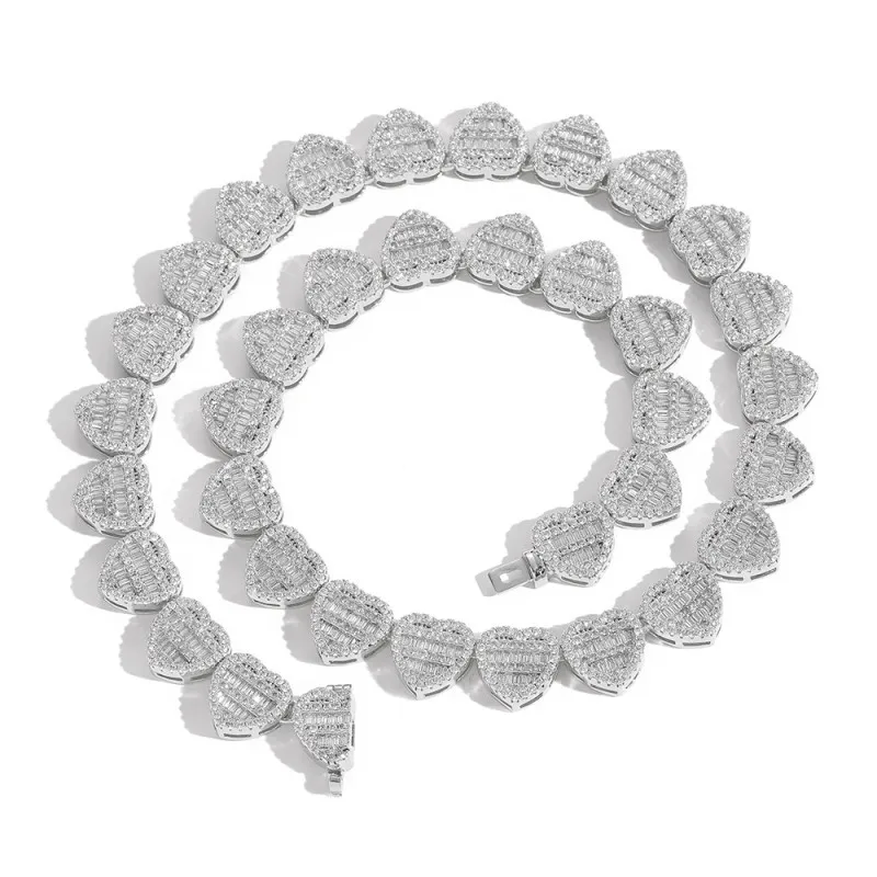 12mm Hip Hop Zirconia Heart Chain Brass Necklace