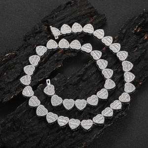12mm Hip Hop Zirconia Heart Chain Brass Necklace