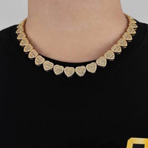 12mm Hip Hop Zirconia Heart Chain Brass Necklace