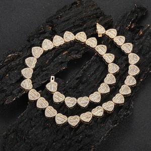12mm Hip Hop Zirconia Heart Chain Brass Necklace