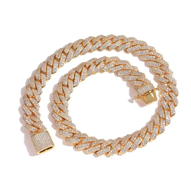 15mm Two Rows Zirconia Cuban Chain Brass Necklace