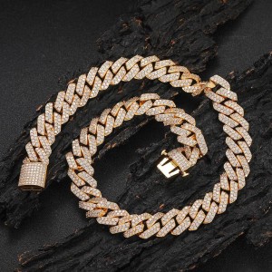 15mm Two Rows Zirconia Cuban Chain Brass Necklace