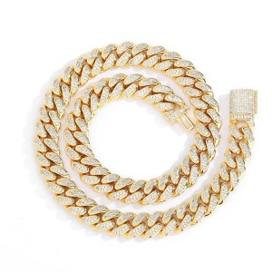 12mm Two Rows Cubic Zirconia Cuban Chain Brass Necklace