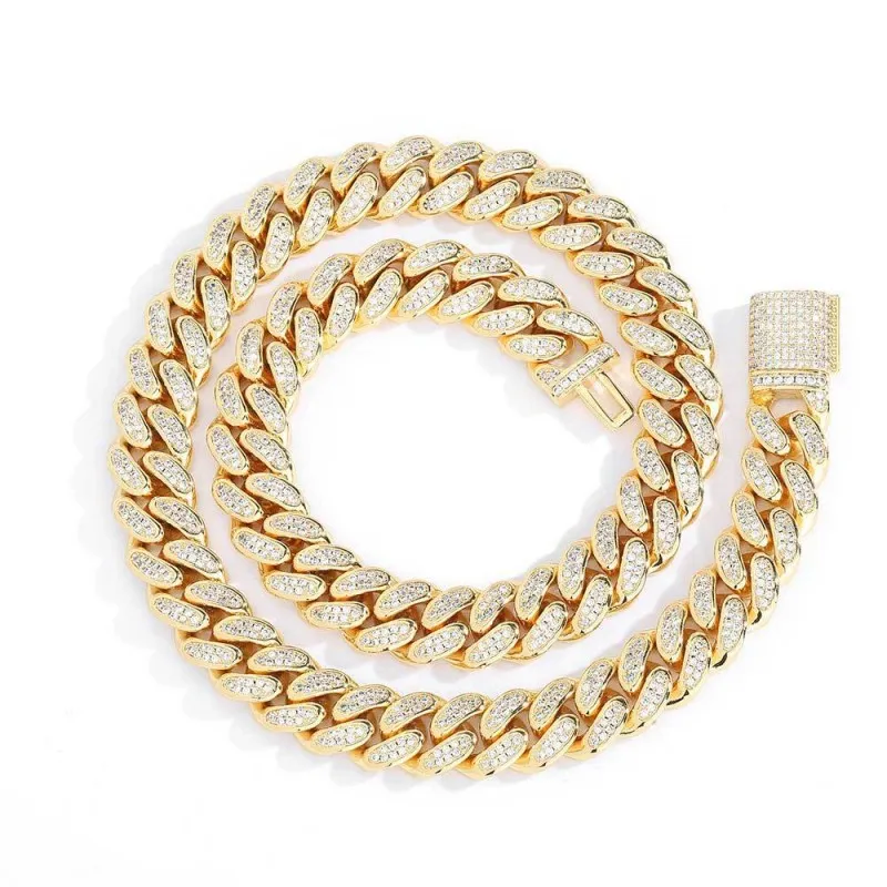 12mm Two Rows Cubic Zirconia Cuban Chain Brass Necklace