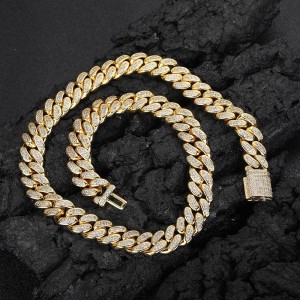 12mm Two Rows Cubic Zirconia Cuban Chain Brass Necklace