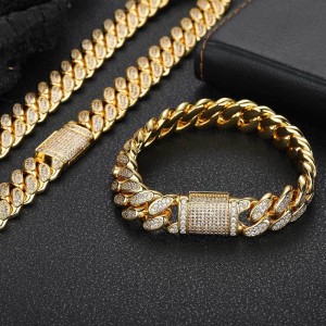 12mm Two Rows Cubic Zirconia Cuban Chain Brass Necklace