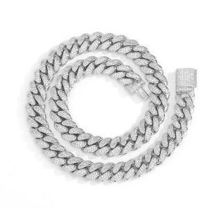 12mm Two Rows Cubic Zirconia Cuban Chain Brass Necklace