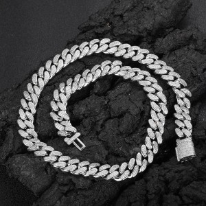 12mm Two Rows Cubic Zirconia Cuban Chain Brass Necklace