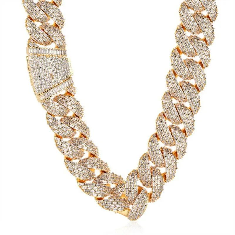 24mm T-Shape Zirconia Bubble Cuban Chain Brass Necklace