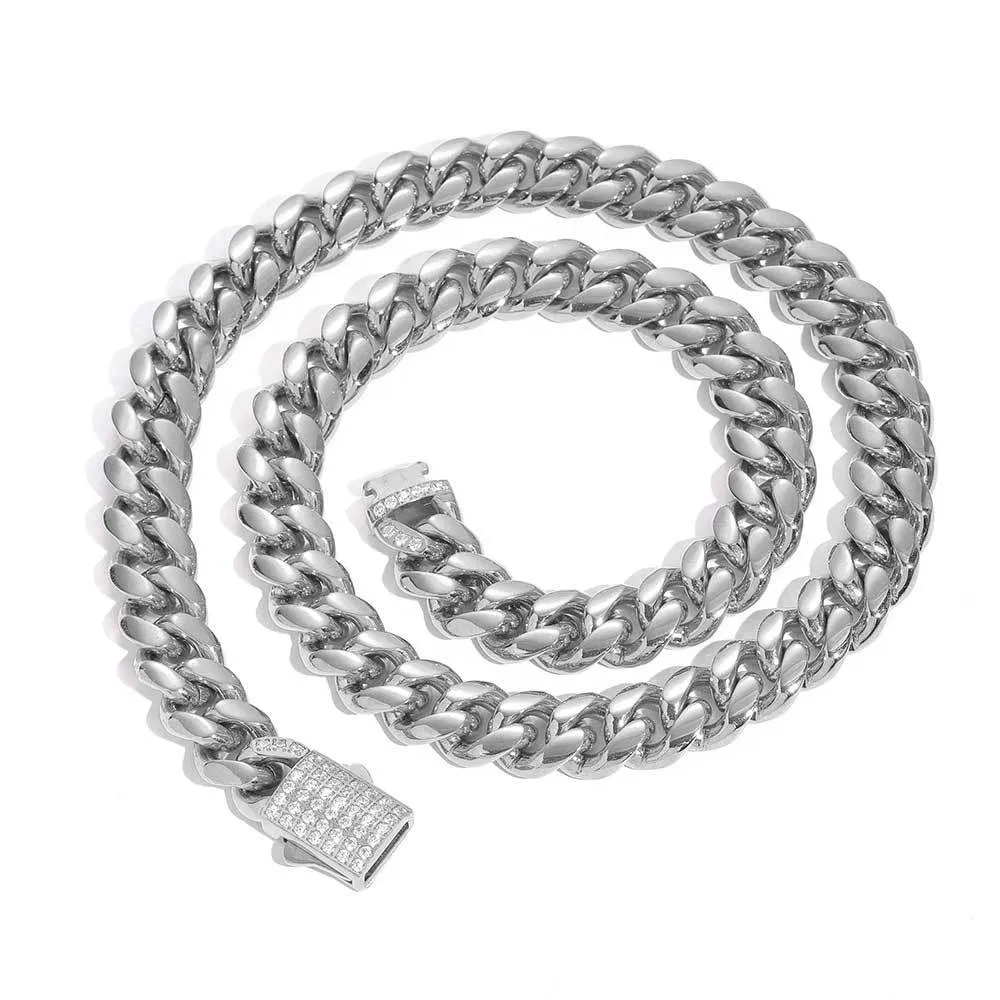 10mm/12mm/14mm Zirconia Cuban Chain Stainless Steel Necklace