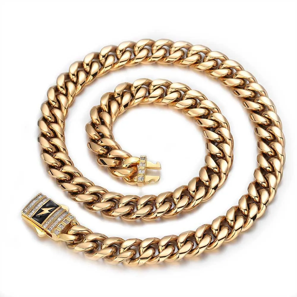 12mm Zirconia Lightning Cuban Chain Stainless Steel Necklace