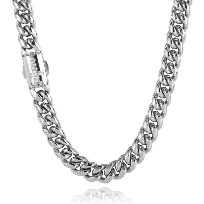 12mm Zirconia Cross Cuban Chain Stainless Steel Necklace