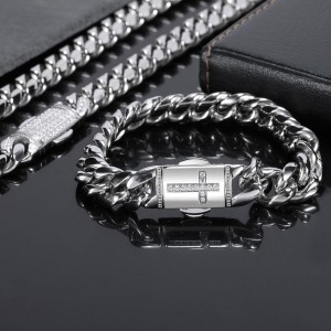 12mm Zirconia Cross Cuban Chain Stainless Steel Necklace