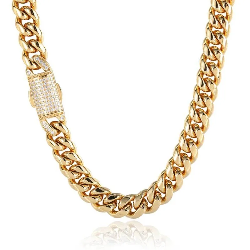 12mm Zirconia Clasp Cuban Chain Stainless Steel Necklace