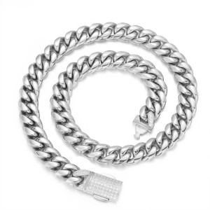 12mm Zirconia Clasp Cuban Chain Stainless Steel Necklace