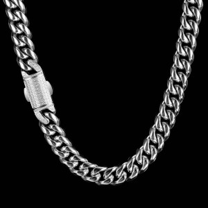 12mm Zirconia Clasp Cuban Chain Stainless Steel Necklace