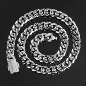 12mm Zirconia Clasp Cuban Chain Stainless Steel Necklace