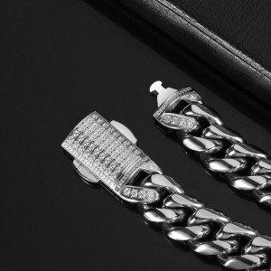 12mm Zirconia Clasp Cuban Chain Stainless Steel Necklace