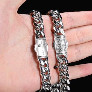 12mm Zirconia Clasp Cuban Chain Stainless Steel Necklace