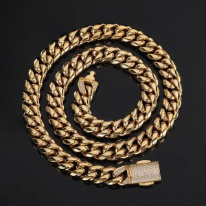12mm Zirconia Clasp Cuban Chain Stainless Steel Necklace