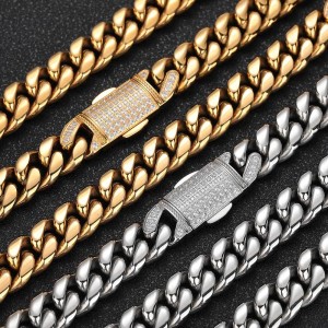 12mm Zirconia Clasp Cuban Chain Stainless Steel Necklace