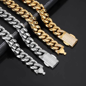 12mm Zirconia Clasp Cuban Chain Stainless Steel Necklace