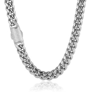 12mm Zirconia Clasp Cuban Chain Stainless Steel Necklace