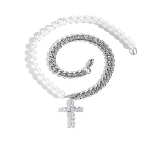 8mm Zirconia Cross Pendant  Pearl Chain Stainless Steel Necklace