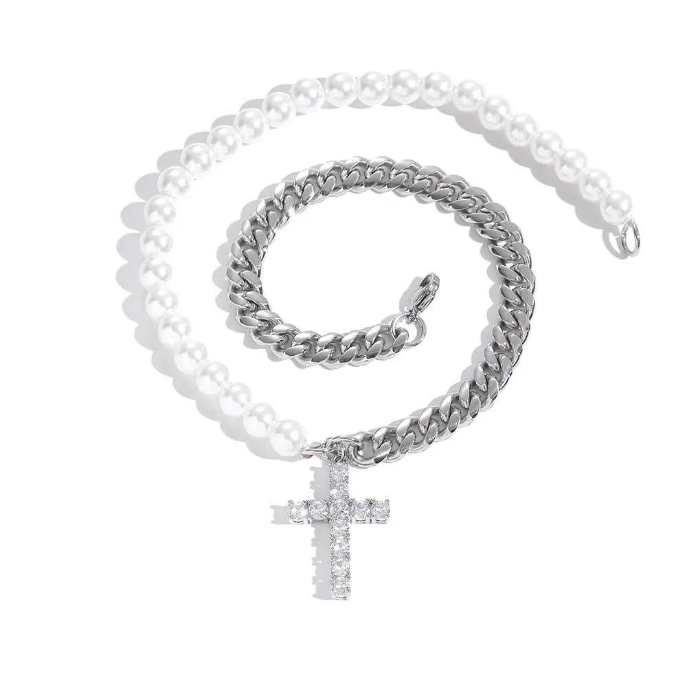 8mm Zirconia Cross Pendant  Pearl Chain Stainless Steel Necklace