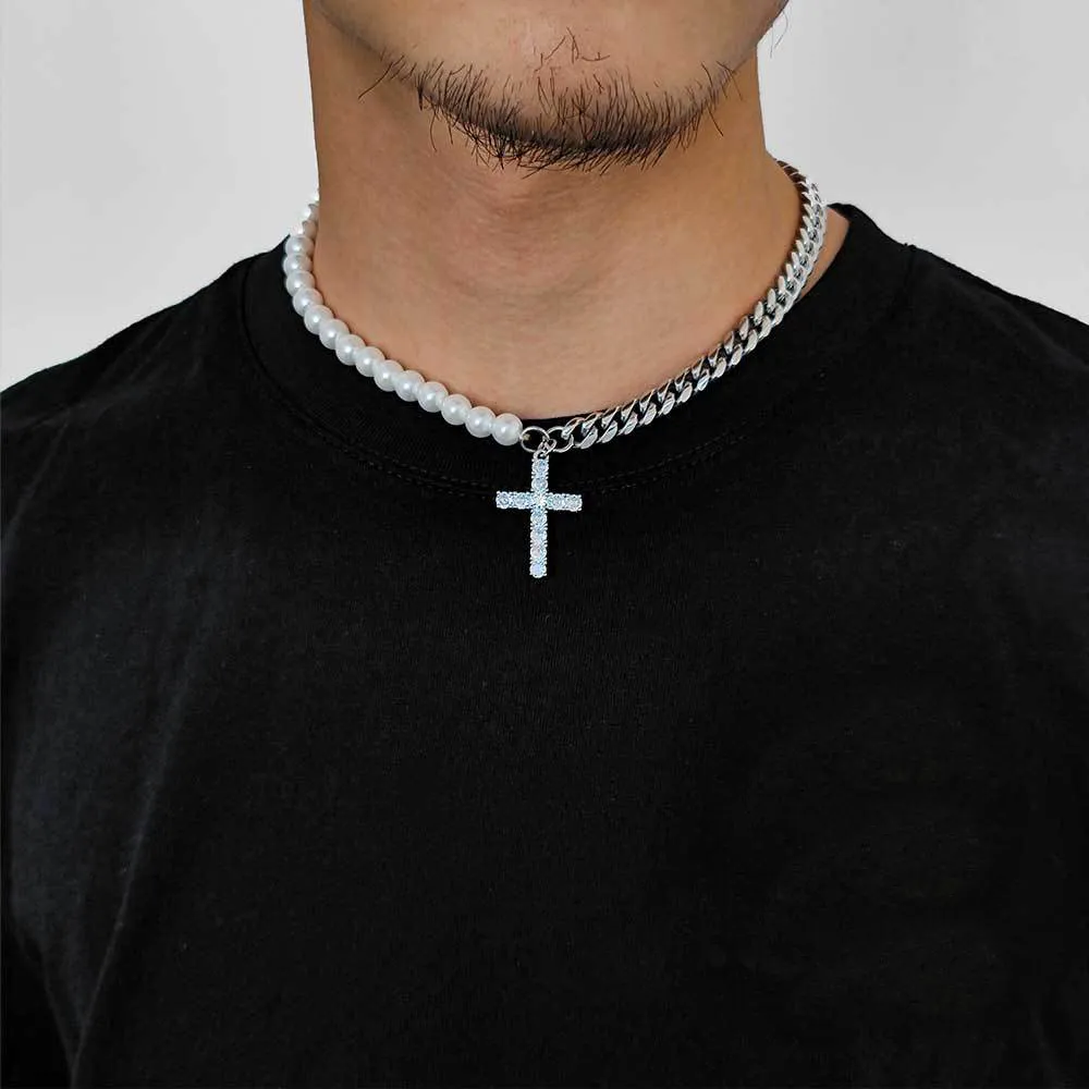 8mm Zirconia Cross Pendant  Pearl Chain Stainless Steel Necklace - image1