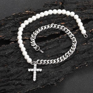 8mm Zirconia Cross Pendant  Pearl Chain Stainless Steel Necklace