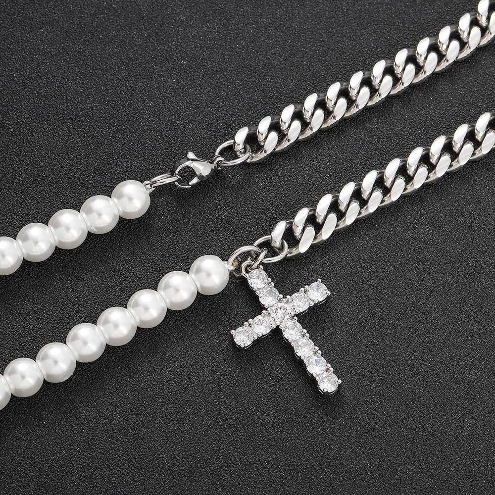 8mm Zirconia Cross Pendant  Pearl Chain Stainless Steel Necklace - image2