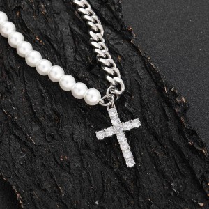 8mm Zirconia Cross Pendant  Pearl Chain Stainless Steel Necklace