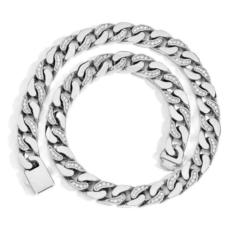 12mm Zirconia Mixed Color Cuban Chain Stainless Steel Necklace
