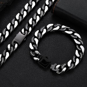 12mm Zirconia Mixed Color Cuban Chain Stainless Steel Necklace
