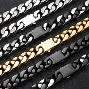 12mm Zirconia Mixed Color Cuban Chain Stainless Steel Necklace