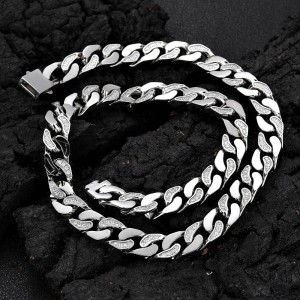 12mm Zirconia Mixed Color Cuban Chain Stainless Steel Necklace