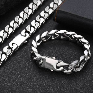 12mm Zirconia Mixed Color Cuban Chain Stainless Steel Necklace