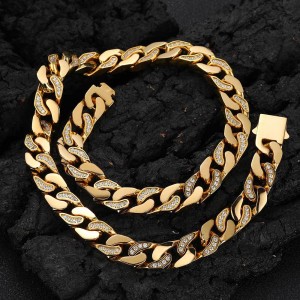 12mm Zirconia Mixed Color Cuban Chain Stainless Steel Necklace