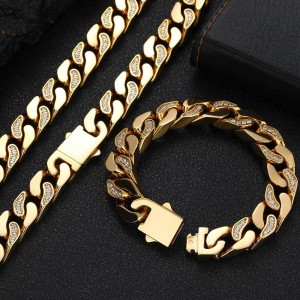 12mm Zirconia Mixed Color Cuban Chain Stainless Steel Necklace